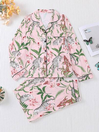 Conjunto de pijama de 2 piezas con estampado floral y de tigre para mujer en otoño e invierno, top de manga larga con cuello de solapa y pantalones sueltos de cintura elástica, ropa de casa casual, conjunto de dos piezas, ropa de otoño