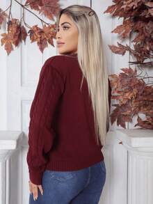 Women's Knitted Blouse With Beautiful Braided Details And Soft Touch - 紅木色 - 查看 3