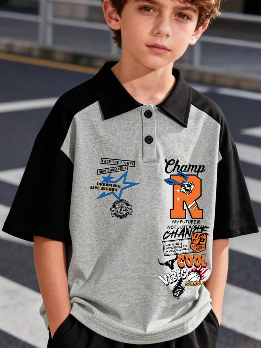 Áo polo chui đầu kiểu dáng thể thao tối giản dễ thương dành cho bé trai tuổi teen, họa tiết trường học, quần áo trẻ em, áo mùa hè thường ngày mới. - Xám - Xem 1