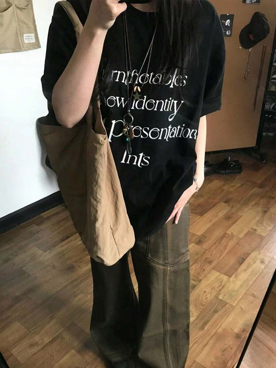 Women's Round Neck Short Sleeve T-Shirt, Summer New Letter Print, Fashion Casual Versatile Loose Top - Black - View 1