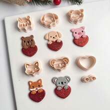 动物及心形系列聚合物粘土切割模具，包括大象、猫、老鼠、熊、狐狸、猪等造型，适合初学者制作手工聚合物粘土耳环和陶瓷工艺品。 - 杏色 - 查看 4