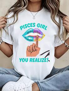 Women Round Neck T Shirt Pisces Girl Lips And Hand Gesture Print Short Sleeve Casual Everyday Wear Top - trắng - Xem 1