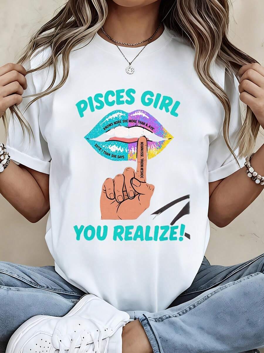 Women Round Neck T Shirt Pisces Girl Lips And Hand Gesture Print Short Sleeve Casual Everyday Wear Top - trắng - Xem 1