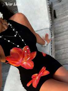 Đầm mini ôm sát không tay in họa tiết hoa ly đỏ dành cho nữ, đầm đi nghỉ mát thanh lịch, gợi cảm, sang trọng, đầm dự tiệc cho nữ, đầm đi biển. - màu đen - Xem 1