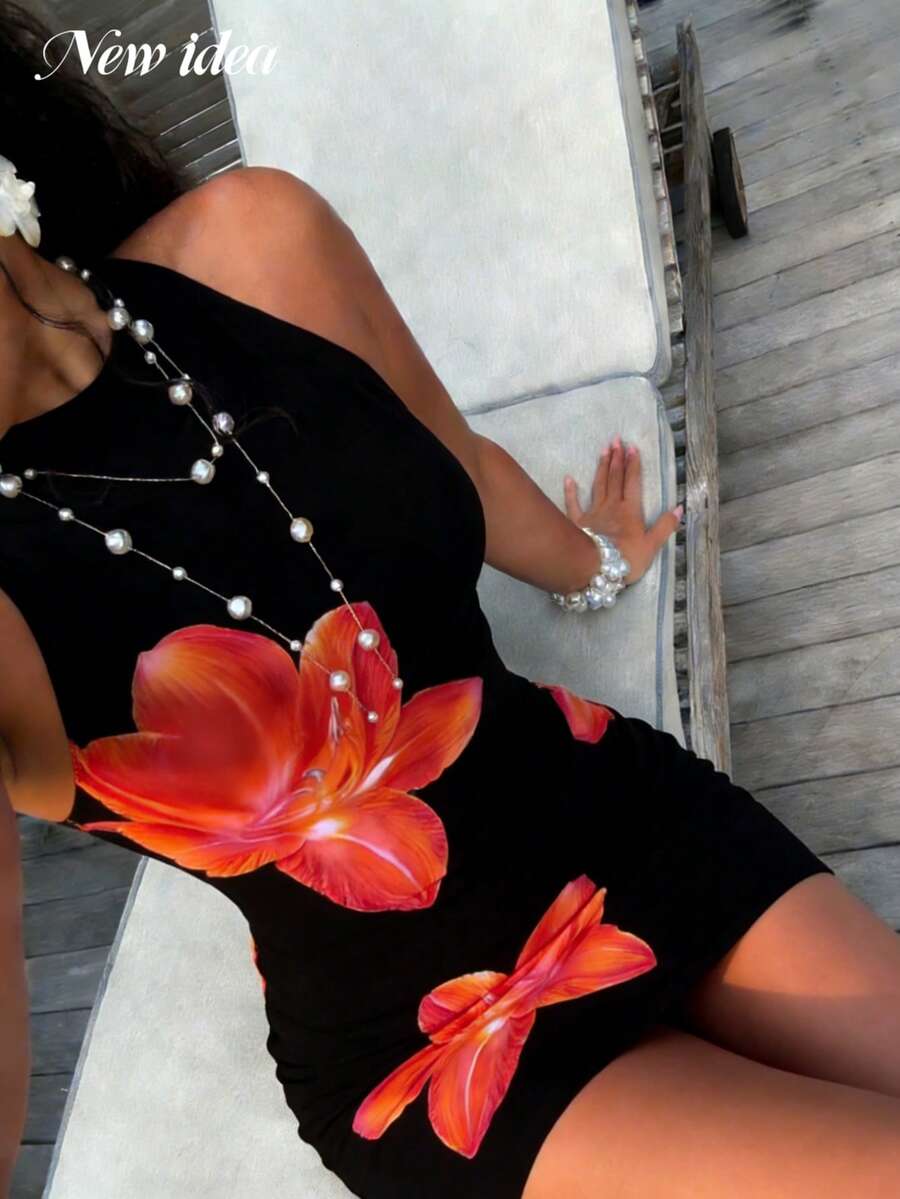 Đầm mini ôm sát không tay in họa tiết hoa ly đỏ dành cho nữ, đầm đi nghỉ mát thanh lịch, gợi cảm, sang trọng, đầm dự tiệc cho nữ, đầm đi biển. - màu đen - Xem 1
