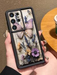 1pc Dried Flower & Butterfly Pattern Printed Phone Case, Camera Protection, Shock-Proof, Thick Black Phone Cover Compatible With Android Galaxy A55/A15, S21/S22/S23 FE/S24 Plus/S25 Ultra, /, SMART 8 Pro, Honor, One Plus - Black - View 1
