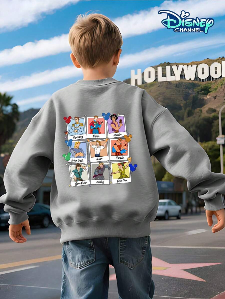 Boys' Crew Neck Pullover Sweatshirt, Suitable For Spring, Autumn, And Winter, For Children Aged 5-12. Gray, Loose And Comfortable Fit. Front Features A Collection Of Disney Prince Prints, Including Classic Prince Images With Colorful Castles, Balloons, And Fireworks. Back Features A Disney Prince Photo-Style Print, Including Prince Charles, Prince Philip, Aladdin, John Smith, Adam, Hercules, Flynn Ryder, Christopher, Peter Pan, And Other Characters, Decorated With Colorful Mickey Mouse Balloons. Officially Licensed Disney Design. Skin-Friendly And Breathable Fabric. Can Be Paired With Jeans, Sweatpants, Or Casual Shorts For Various Styles. Suitable For School, Weekend Outings, Family Gatherings, Disneyland Visits, Birthday Parties, And More. Eye-Catching Cartoon Theme Design, A Must-Have For Back-To-School Season. Machine Washable And Durable. Fits All Body Types. A Versatile And Practical Children's Top. - 淺灰色 - 查看 1