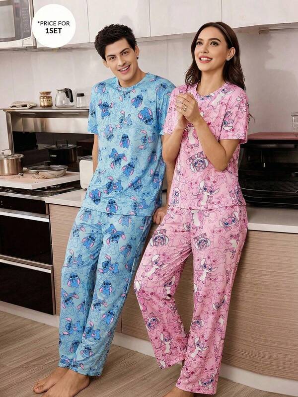 Disney 2 piezas Conjunto de pijama para mujer, conjunto de ropa de dormir de manga corta suave, ropa de casa cómoda y casual, conjunto a juego para parejas para el Día de San Valentín