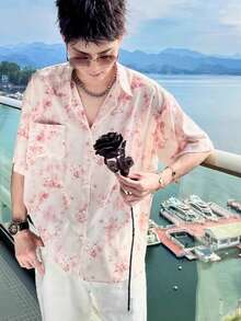 Couple Set Summer Personalized Color Shirt, Men's Hawaiian Vacation Ice Silk Quick Drying Floral Shirt - Pink - View 4