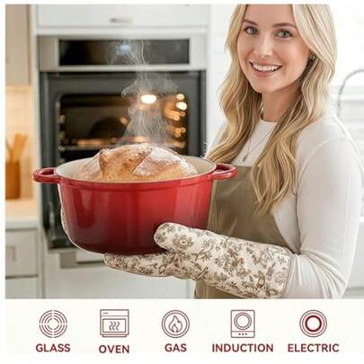 Żeliwny garnek żeliwny z pokrywką, wytrzymały garnek do zapiekania, dwa uchwyty, odpowiedni do duszenia, pieczenia i pieczenia