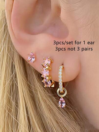 Bộ 3 đôi bông tai đính đá Cubic Zirconia thanh lịch, màu hồng, phù hợp cho nữ giới đeo hàng ngày, hẹn hò, dự tiệc (chỉ đeo một bên tai).