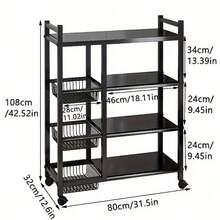 A 4-Layer Black Metal Storage Rack With Wheels - A Multi-Functional Vegetable Rack For The Kitchen And Pantry, Featuring 3 Metal Baskets, Kitchen Storage Items And Storage Cabinets - 黑色 - 查看 2
