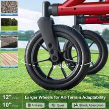 WALK MATE Walkers For Seniors, Rollator Walker With Seat, 12" Big Rubber Wheels All Terrain Rollator Walker With Backrest, Built-In Cable, Cup Holder, Foldable And Height Adjustment For Seniors, Red - View 6