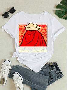 Women's Casual Crew Neck Short-Sleeve T-Shirt - Soft Breathable Cotton Blend Fabric, Regular Fit, Graphic Print Of Mandalorian-Inspired Character (Red Cape & Wide-Brimmed Hat) With Latin Phrase,  Pop Culture Design, Comfortable For Summer Daily Wear, Outings, Hangouts, Versatile To Match Jeans, Leather Pants Or Leggings, Easy To Style For Casual Looks - 白色 - 查看 4