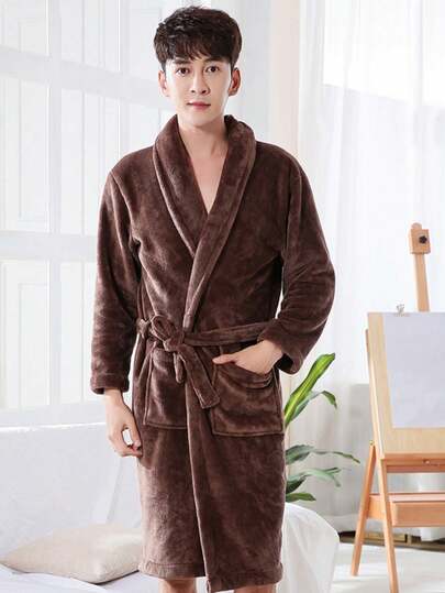 1pc Unisex Thick Long Sleeve Long Robe, Soft Loungewear With Pockets, Couple Bathrobes For Autumn/Winter, Bathroom Supplies
