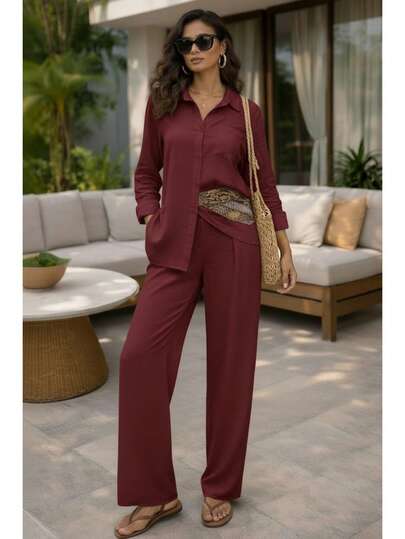 Conjunto Feminino Elegante Camisa Social + Calça Pantalona Cintura Alta Look Sofisticado