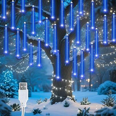 USB Powered 8-Tube LED Meteor Shower String Lights, Outdoor Holiday Decoration Icicle Lights, Perfect For Christmas, Halloween, Wedding, Birthday Party Decor - Suitable For Yard, Garden, Street, Holiday Lighting, Wedding Decor, Decorative Lighting, Lighting, Weather-Resistant Lights, Multi-Tube Lights, Home Decor, Event Planning