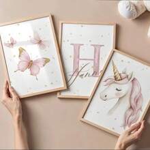 3pcs Personalized Wall Art Prints, Customized Name Unicorn & Butterfly Canvas Painting, Cute For Girl's Room, Apartment, Home Decor, Unique Birthday Gift For Friends, Kids, Family, Unframed - Pink - View 6