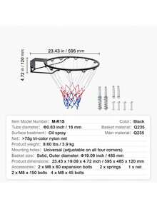 Basketball Rim, Wall Door Mounted Basketball Hoop, Heavy Duty Q235 Basketball Flex Rim Goal Replacement With Net And Double Spring, Standard 18" Indoor Outdoor Hanging Hoop - Black - View 7
