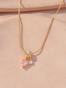 Hihho 1pc Pink Heart Double Zirconia Necklace, Delicate Snake Bone Chain With Sparkling Pink Zirconia, Versatile Girly Style Necklace - Heart to Heart - View 8