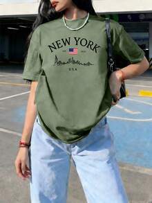 女士夏季新款休闲标语印花宽松圆领短袖T恤，时尚日常度假穿搭，适合日常及节假日穿着。女士T恤上衣。 - 綠色 - 查看 3