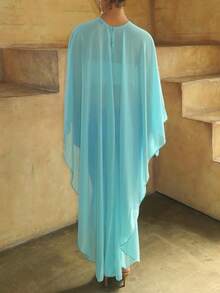 Chiffon Cape For Women Sheer Mesh Shawl Wraps Asymmetrical Flowy Capelets For Evening Dress High Low Ruffle Hem Beach Cover Up Poncho Tops - Màu xanh lam - Xem 2