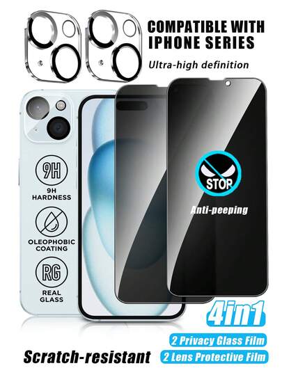 四合一套装：2片全覆盖防窥钢化玻璃屏幕保护膜 + 2个透明镜头保护壳，兼容 14/14 Plus/15 Pro Max/16 Pro/17 Plus。9H硬度，超清晰，防窥，防刮，防指纹，无气泡，触控灵敏，易于安装，精准对位，完美贴合，经久耐用。理想的礼品之选。