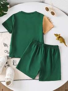 2pcs Young BoyTrendy Summer Cute Dinosaur Graphic T-Shirt And Shorts Set - Green - View 2