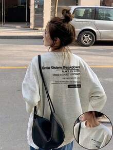 女士宽松字母印花长袖T恤，适合春秋季休闲穿着 - 淺花灰 - 查看 1