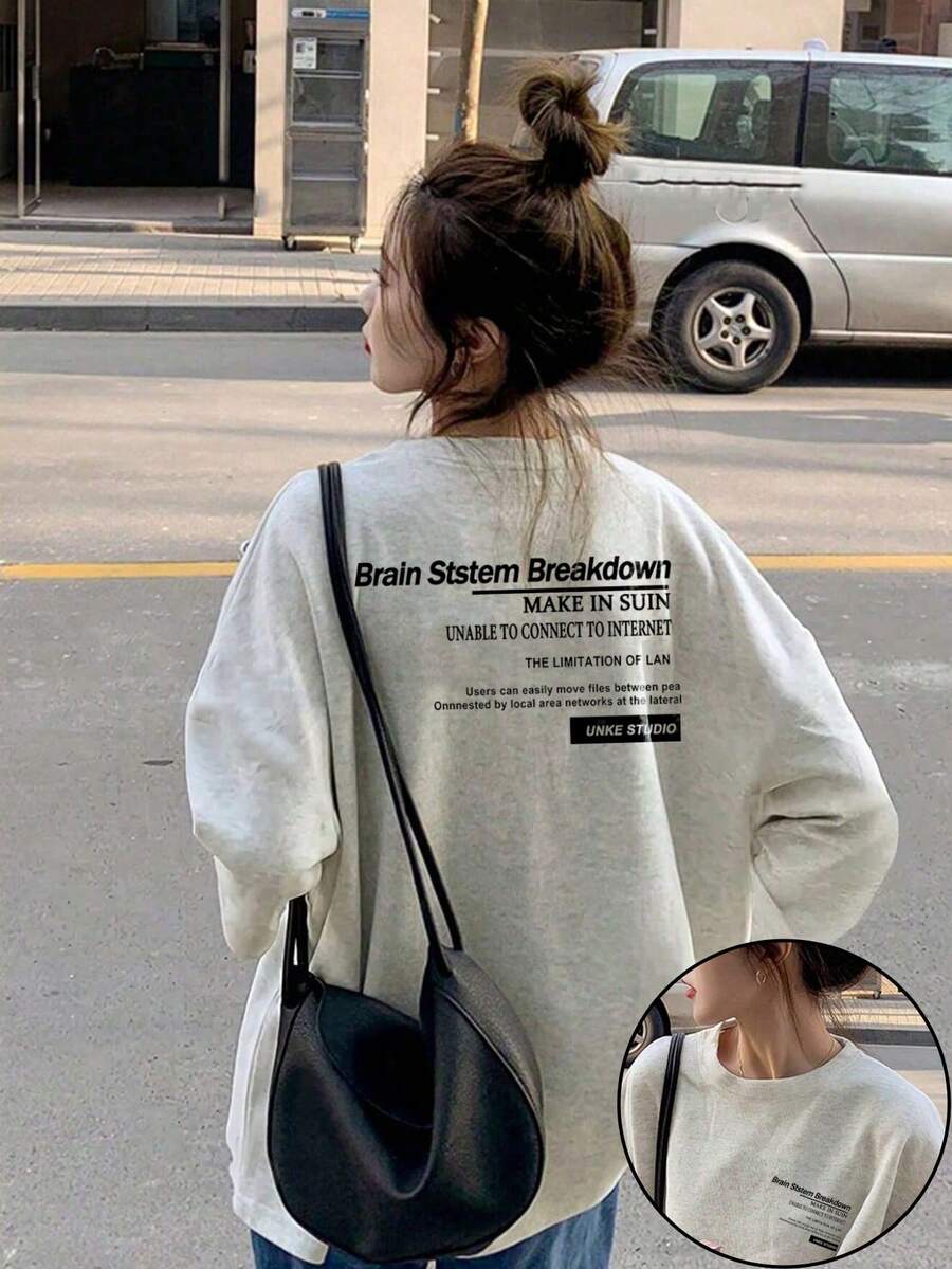 女士宽松字母印花长袖T恤，适合春秋季休闲穿着 - 淺花灰 - 查看 1