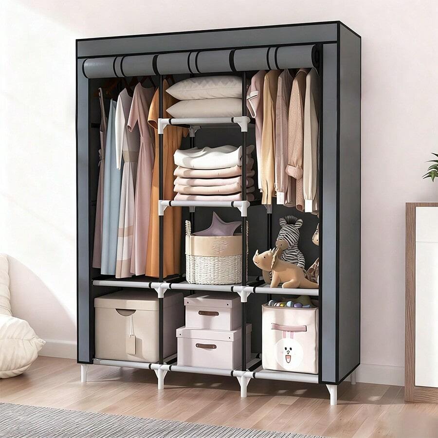 Large Capacity Freestanding Wardrobe Storage Cabinet With Shelves And Hooks, Easy To Assemble, Suitable For Bedroom, Home Office, Closet Organization, Durable Structure, Wall-Mounted Clothes And Hat Storage Rack, Portable Closet, Clothing Organizer Box, Wardrobe Shelf, Home Office Storage, Bedroom Organization, Multifunctional Shelf, Modern Closet, Large Capacity Storage, Metal Construction, Hanging Organizer, Shelf Unit, Mounted Closet Systems - 灰色 - 查看 1