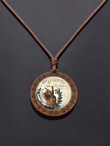 1PC Animal Themed Rabbit Pattern Dome Glass Inlaid With Retro Texture Design Wooden Pendant Necklace, Paired With A Rope Chain, Suitable For Daily Wear Or As A Holiday Gift. - Chocolate Brown - View 17