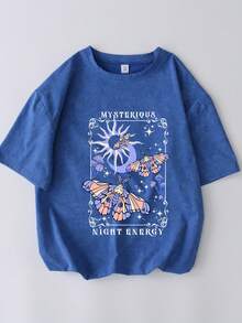 Mädchen Teenager Lässig Kurzarm T-Shirt, Schmetterling Muster, bequemes Top für Frühling & Sommer, geeignet für Outdoor & Schule - Blau - Übersicht 2