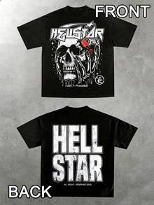 Hell Star Paradise Skull Flame Distressed Oversized Graphic Tee Men's Short Sleeve Pure Cotton T-Shirt, Y2K Streetwear Vintage Casual Punk Gothic Aesthetic Baggy 100% Cotton Pullover Gift - 黑色 - 查看 1