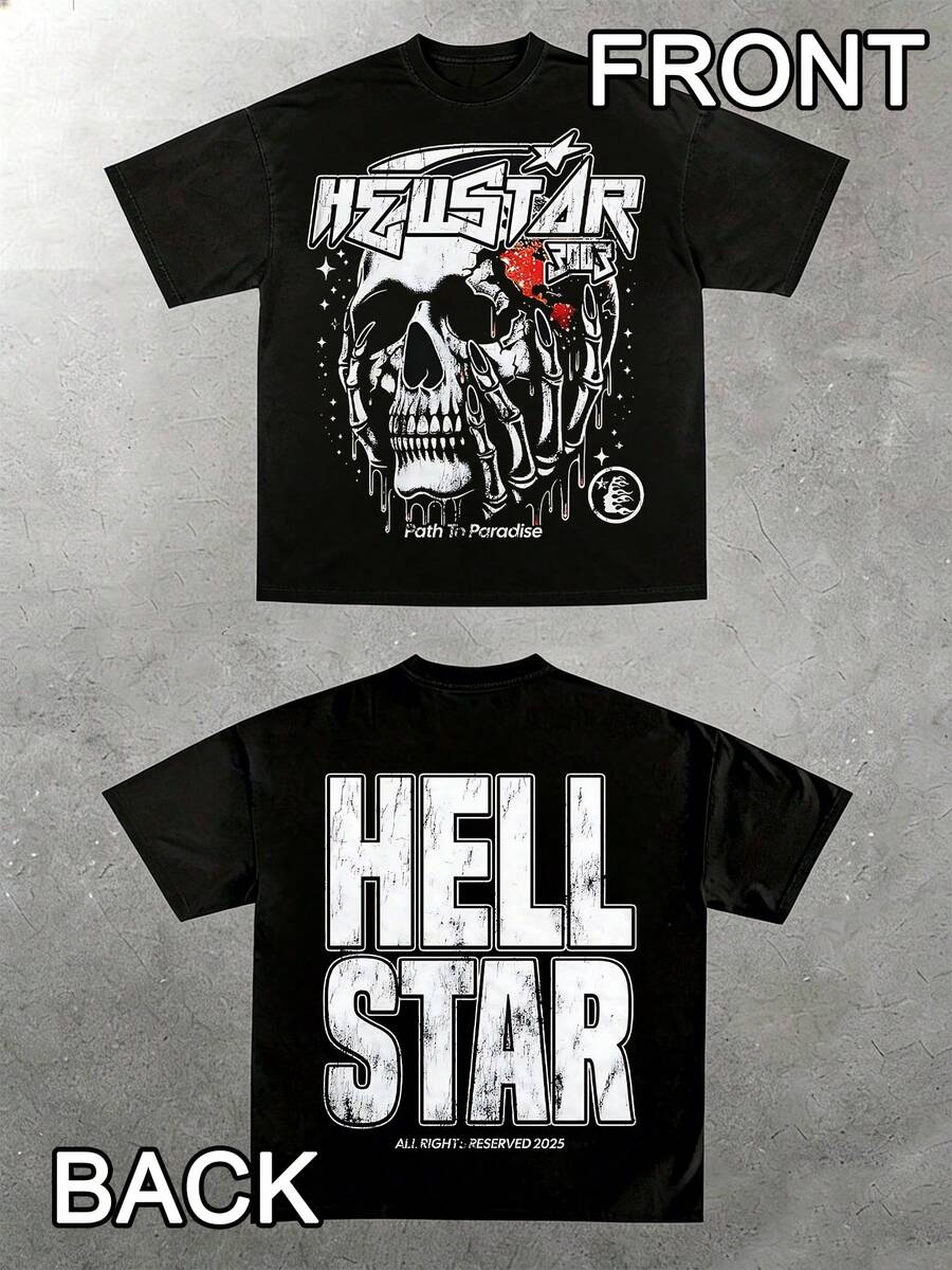 Hell Star Paradise Skull Flame Distressed Oversized Graphic Tee Men's Short Sleeve Pure Cotton T-Shirt, Y2K Streetwear Vintage Casual Punk Gothic Aesthetic Baggy 100% Cotton Pullover Gift - 黑色 - 查看 1