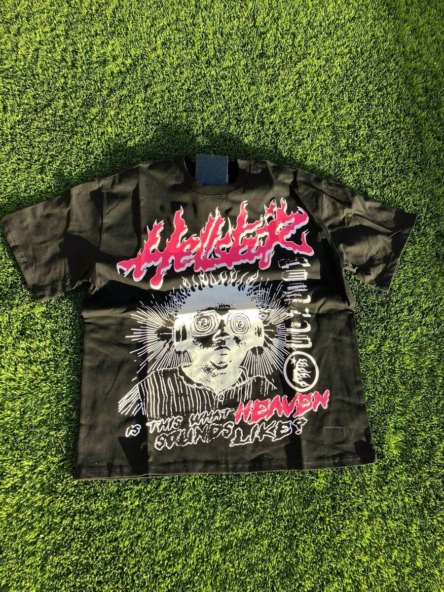 Men's 100% Cotton Graphic Tee, Crew Neck Short Sleeve Casual T-Shirt With Pink Flame Graphic,Is This What Heaven Sounds Like Slogan, Y2K Streetwear, Comfortable Soft & Breathable For Summer, Daily Wear & Going Out, Regular Fit, Durable Fabric, Ideal Gifts For Men - 黑色 - 查看 1