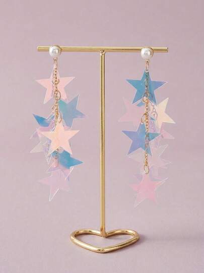 Joivida 1pair Faux Pearl Decor Iridescence Star Design Drop Earrings