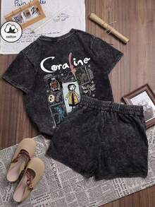 DYE DOODLE Es Trus Cotton, Summer Women's Fun Print Hip-Hop "Illustration Retro Letters" Personalized Pattern Print Street, Korean Version Of Comfortable Retro Fashion Commuting All-Match Y2k Clothing Women's Clothing, Suitable For Outdoor Leisure, Regular Niche Punk Style Dark Green Well-Fitting Round Neck Short-Sleeved Washed T-Shirt Shorts Two Pieces Set Summer Outfits Men 2 Piece Set - 黑色 - 查看 3