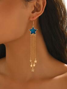 1 Pair Spring/Summer Creative New Fashion Women Elegant Blue Star Tassel Drop Earrings, Versatile For Daily Wear, Party, Holiday, Gift For Girlfriend/Best Friend - Golden - View 2