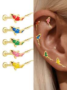 SereneSpark 1Pc 925 Sterling Silver Elegant Red Enamel Koi Fish Ear Cartilage Piercing Stud Earring Flat Back Cartilage Helix Piercing Fine Jewelry Suitable For Women'S Daily Wear Parties, And Wedding Occasions - Gold - View 1