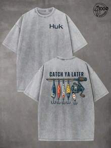 2026 New Arrival Men's Huk "Catch Ya Later" Fishing Lure Graphic T-Shirt, Vintage Washed Gray Crew Neck Short Sleeve Tee, Double-Sided Fishing Print Oversized Top For Anglers & Outdoor Outfits, Camiseta De Moda Para Hombre - Xám - Xem 4