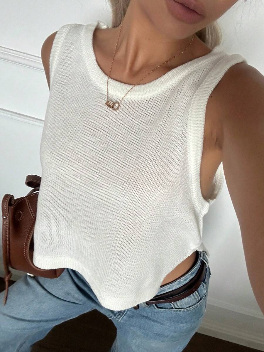 Camiseta de tirantes corta y de cuello redondo para mujer, de estilo minimalista básico de verano, de tela de punto transpirable, de unicolor, con ajuste relajado, de estilo casual, adecuada para uso diario, playa y viajes - Blanco - Ver 1