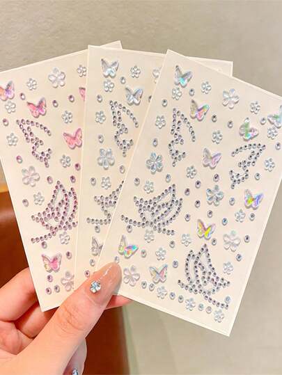 3D蝴蝶花朵水钻脸贴，自粘粉色银色全息宝石脸贴，可重复使用的面部装饰，适用于音乐节、万圣节、角色扮演、婚礼和日常妆容