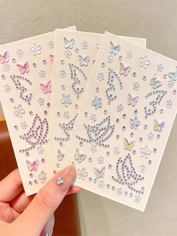 3D蝴蝶花朵水钻脸贴，自粘粉色银色全息宝石脸贴，可重复使用的面部装饰，适用于音乐节、万圣节、角色扮演、婚礼和日常妆容