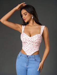 Women's Floral Print Asymmetric Hem Wide Strap Cropped Tank Top - Pink - View 6