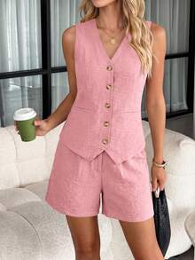 PRETTYGARDEN Women's Summer Clothes Tanktop 2 Piece Sets Outfits Sleeveless Matching  Button Down V Neck Vest Waistcoat And Pockets Going Out Short Sets Vacation - 粉色 - 查看 6
