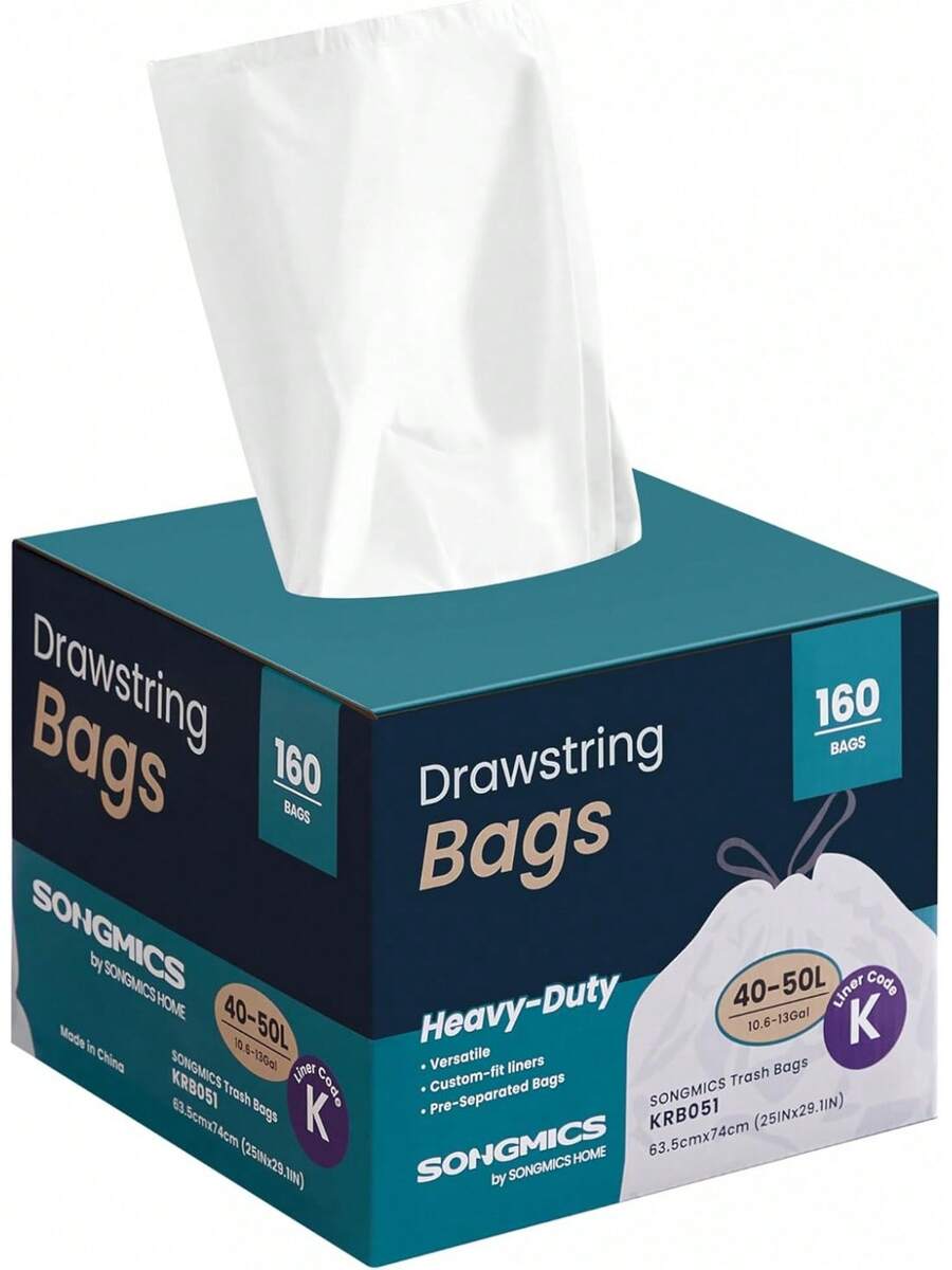 SONGMICS Drawstring Bin Liners, 30L Bin Liners, Code 30A, Customized, 2 Rolls, 90 Pieces, White KRB30A02 - Boxed (50 L Code K) - View 1