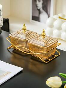 一套优雅琥珀香槟色塑料零食碗套装，带金色支架和盖子——非常适合盛放干果、坚果和派对食品 - 香檳色 - 查看 6