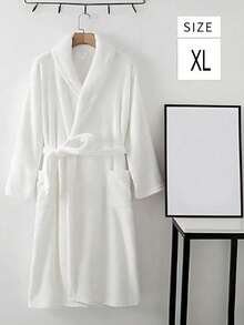 1 chiếc áo choàng dài tay dày dặn, unisex, đồ mặc nhà mềm mại có túi, áo choàng tắm đôi cho mùa thu/đông, đồ dùng phòng tắm - trắng - Xem 5