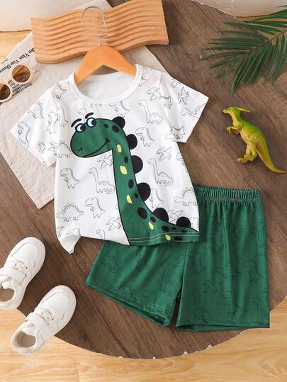 Young BoyTrendy Casual Cute Dinosaur Digital Print Short Sleeve T-Shirt And Shorts Set